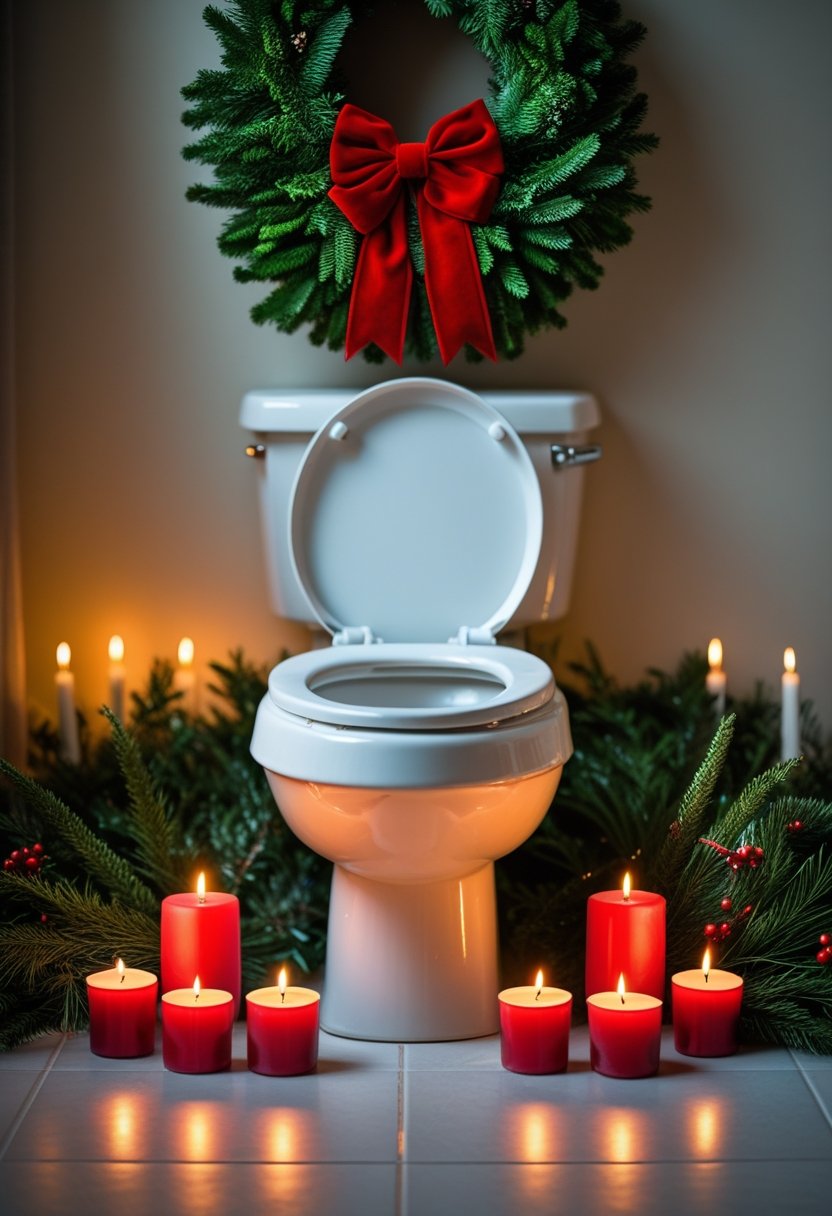 A bathroom with a green wreath and red bow hanging above the toilet, surrounded by lit red candles on the floor.