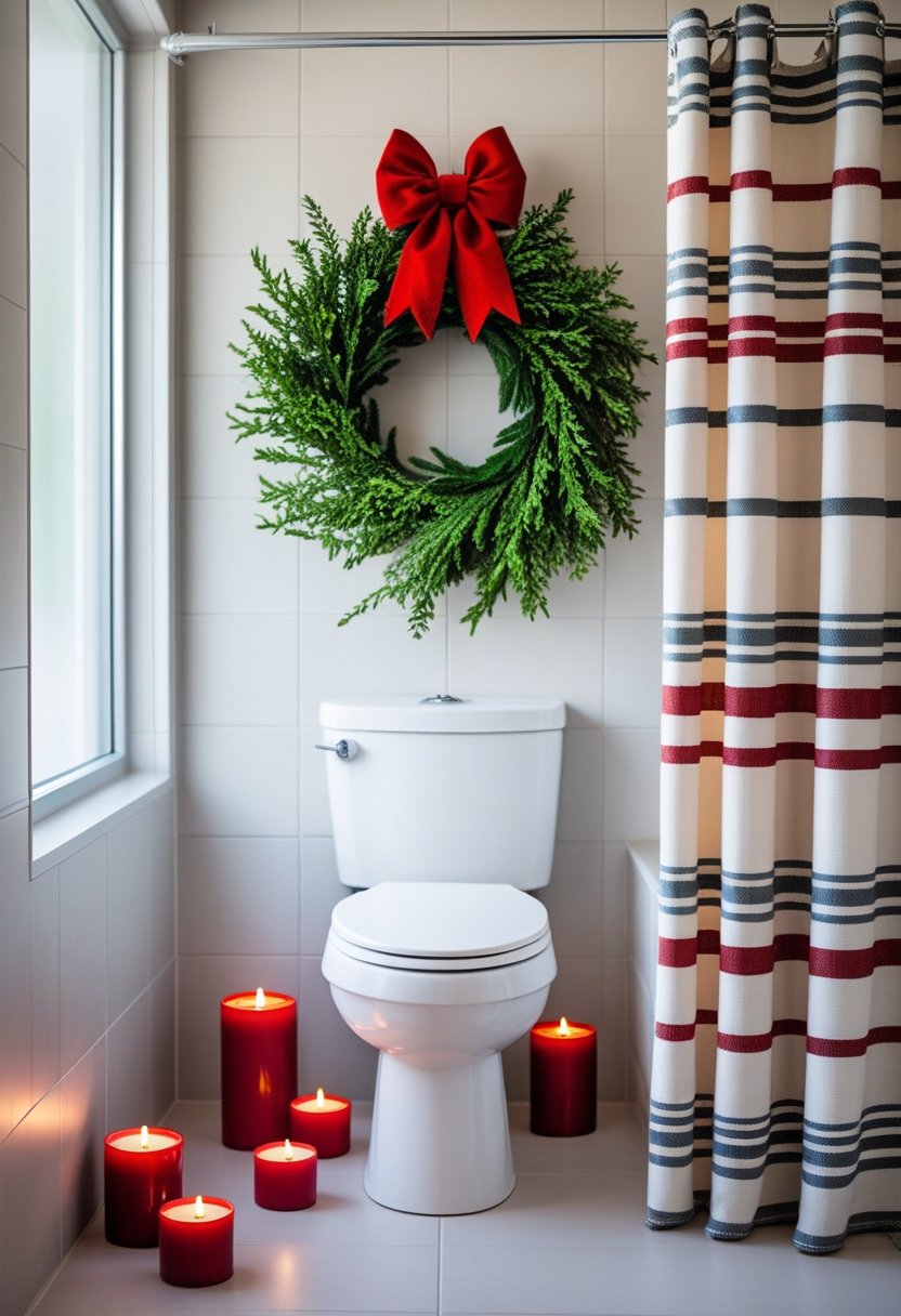 A bathroom with a striped shower curtain, a green wreath with a red bow above the toilet, and red candles placed on the floor around the toilet.