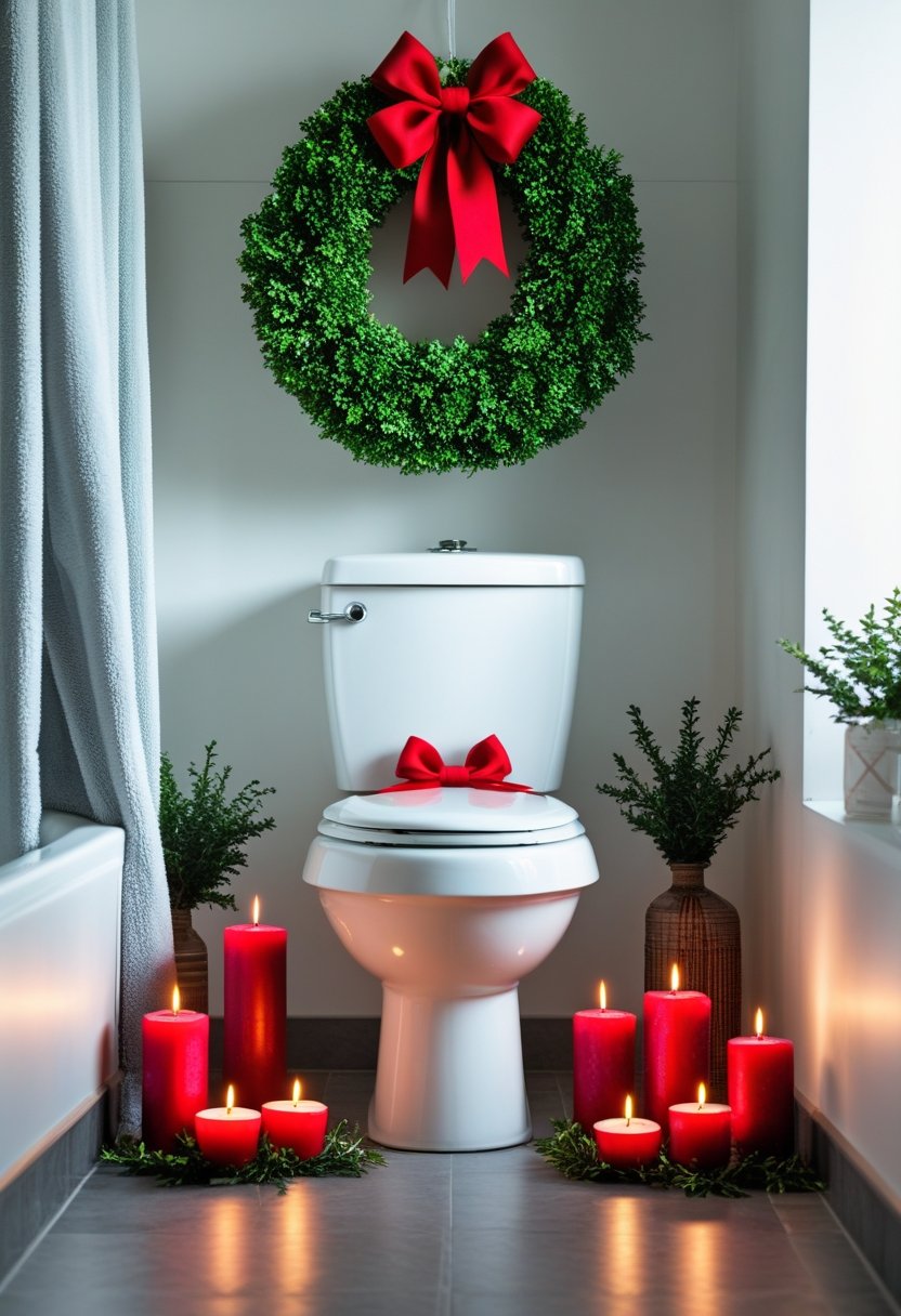 A bathroom with a white toilet, a green wreath with a red bow above it, and red candles placed on the floor around the toilet.