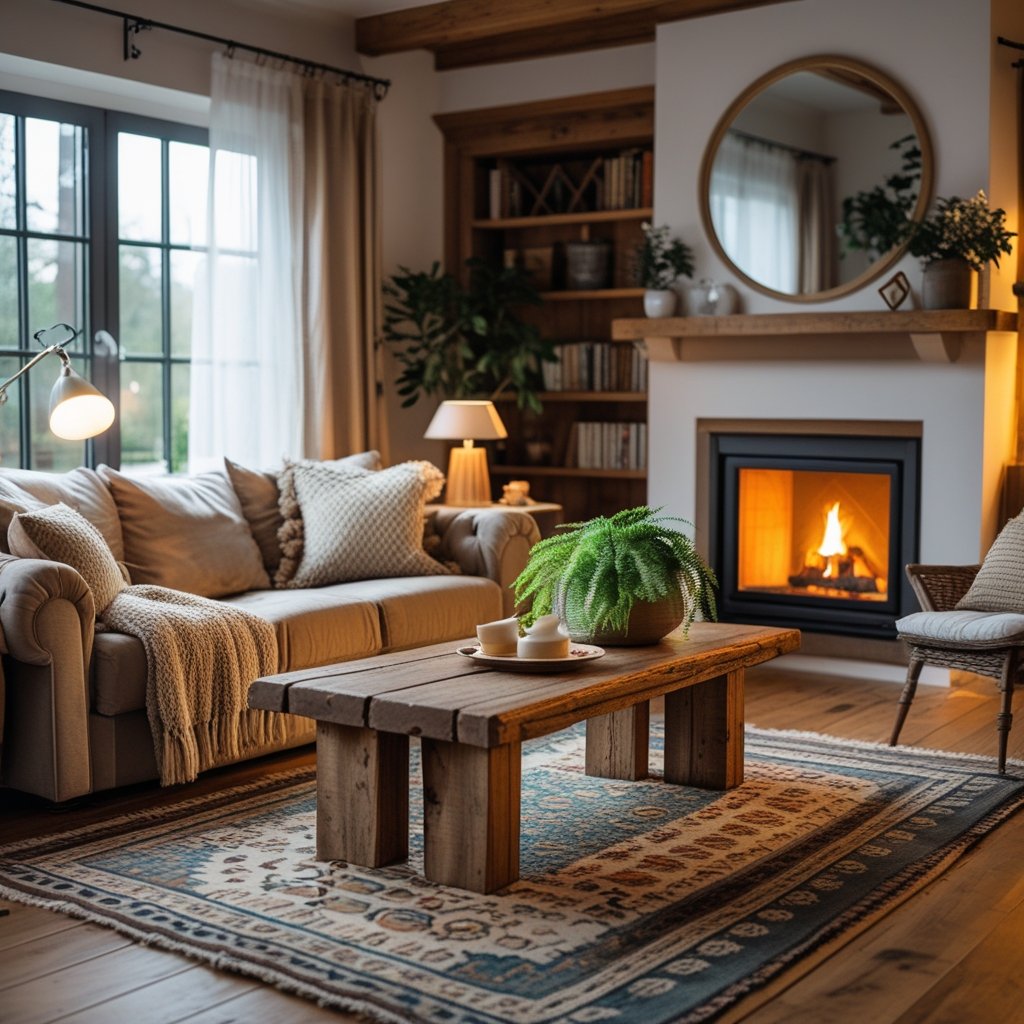 A cozy living room with a sofa, coffee table, fireplace, plants, and soft lighting.