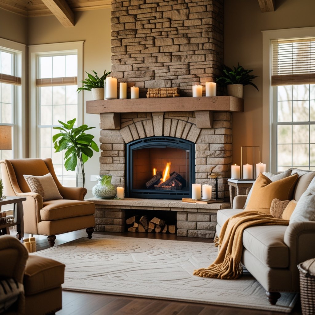 A cozy living room with a glowing fireplace, comfortable seating, and warm natural light.