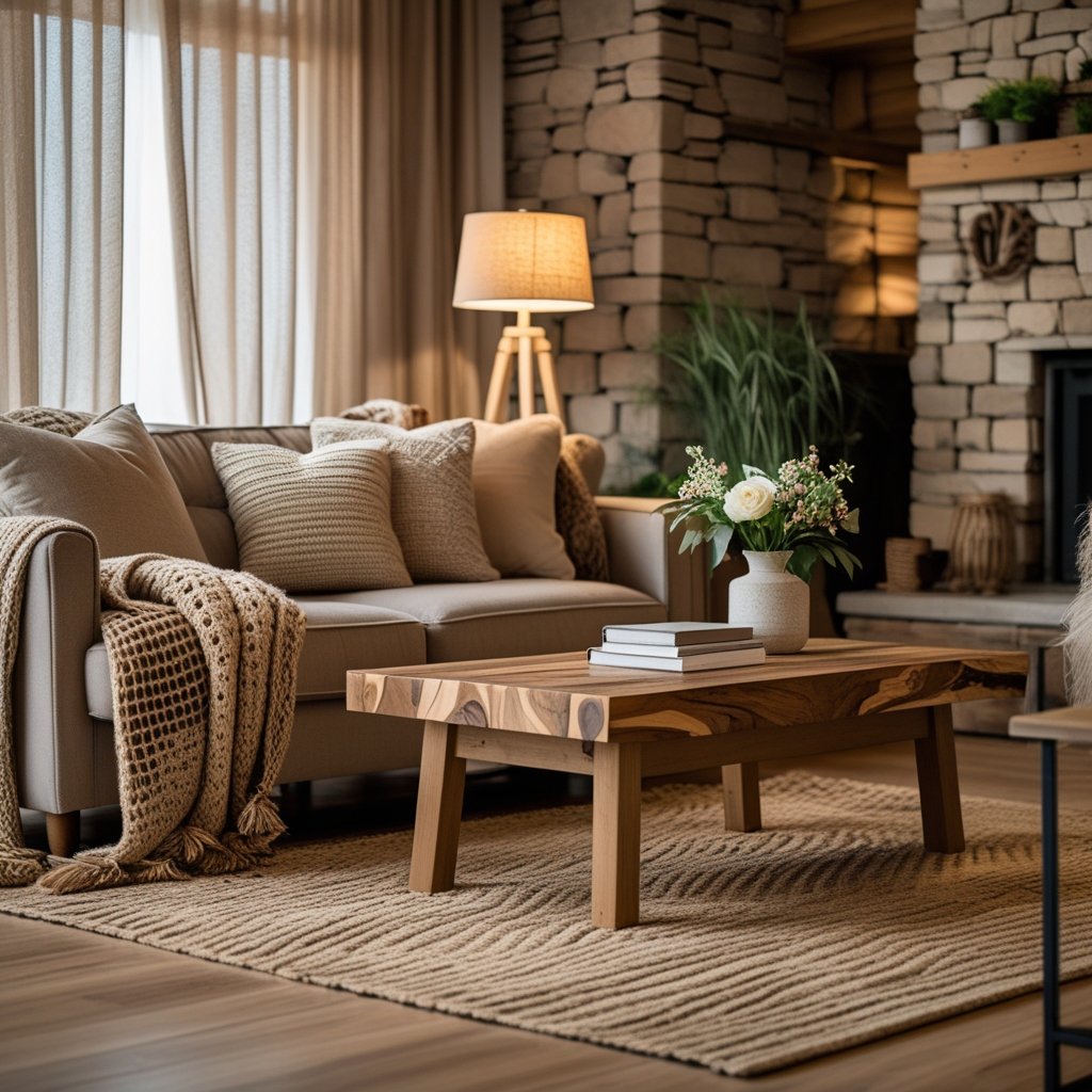 A cozy living room with a sofa, wooden coffee table, soft lighting, plants, and warm natural colors.