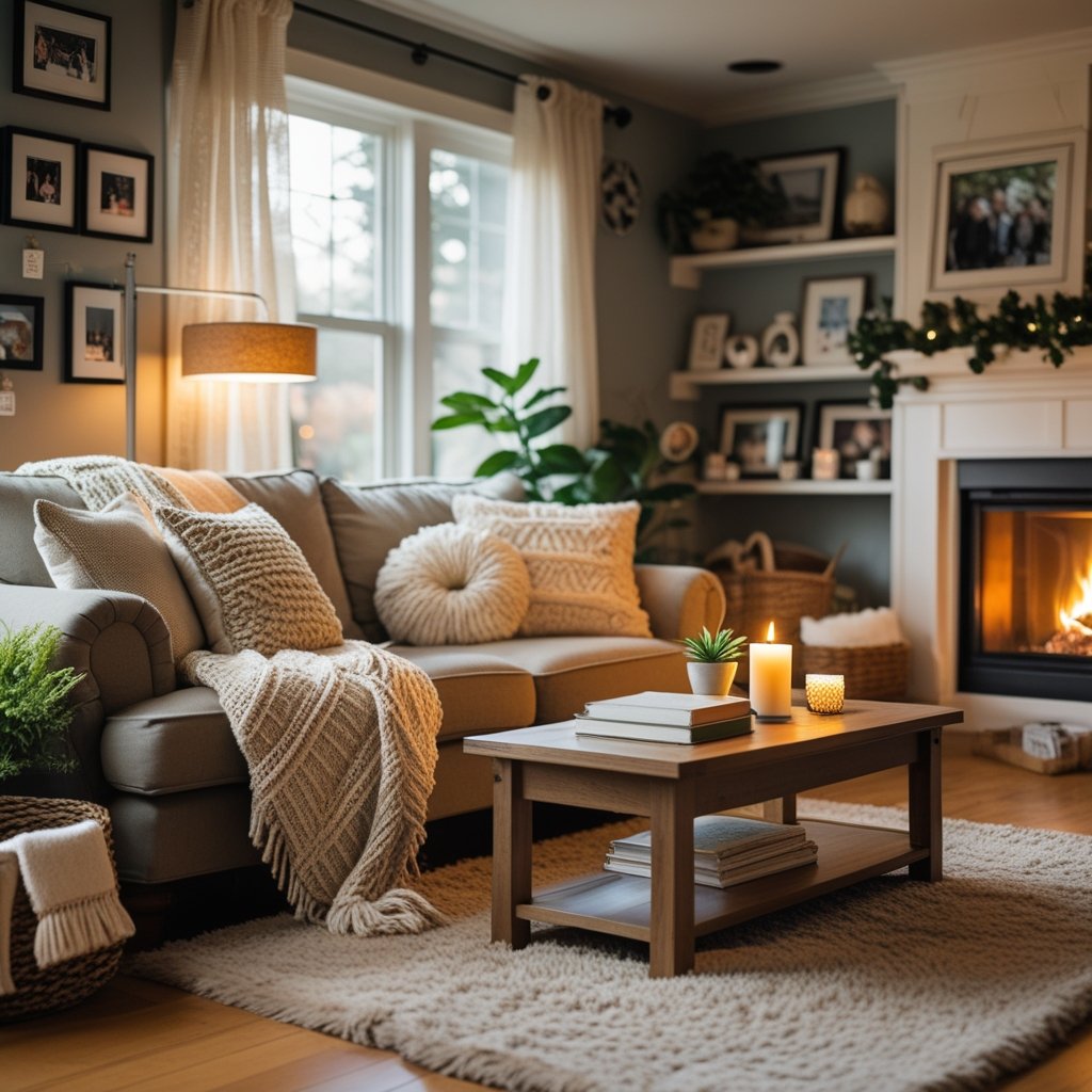 A cozy living room with a sofa, wooden coffee table, fireplace, shelves with decorations, and soft natural light coming through windows.