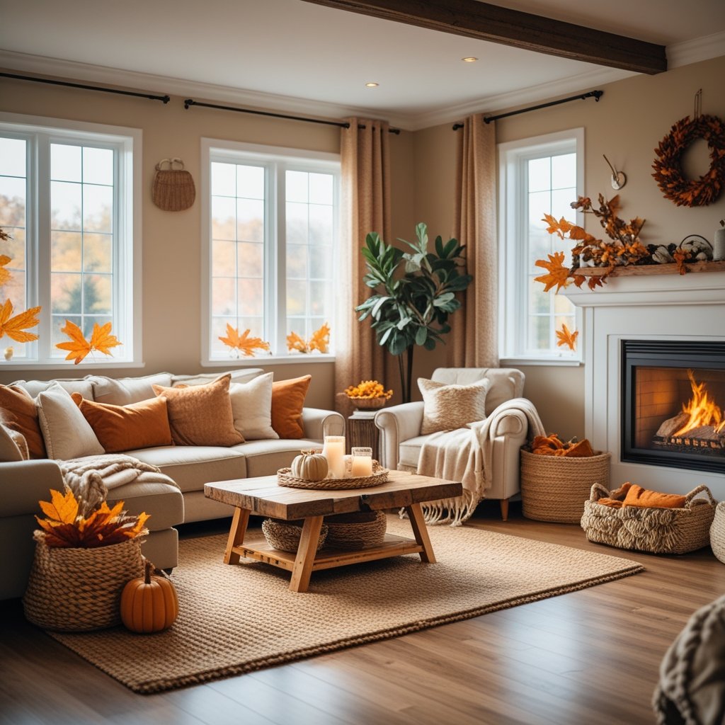 A living room with sofas, a wooden coffee table, a fireplace, and natural light coming through large windows.