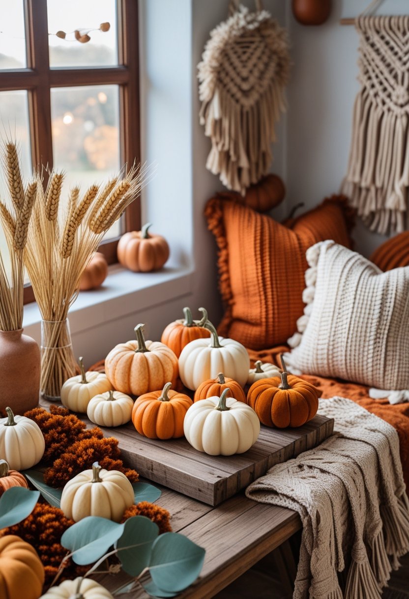 A cozy Fall home interior with mini pumpkins, dried wheat, and warm textured fabrics on a wooden table.