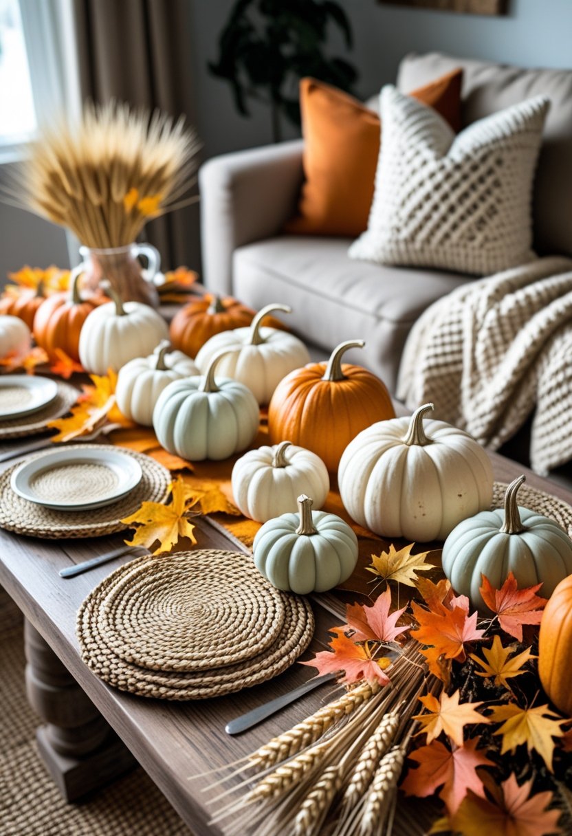 A wooden table decorated with mini pumpkins, dried wheat, and autumn leaves in a cozy living room setting.