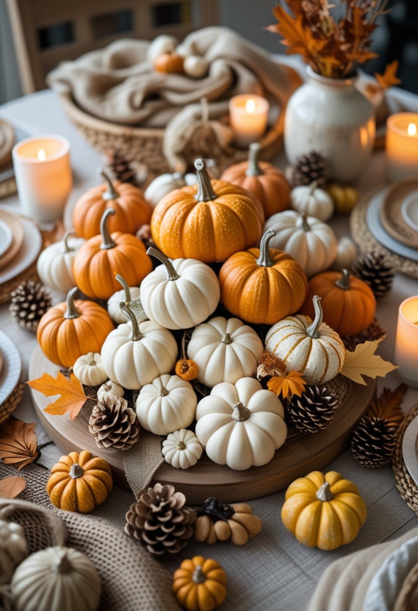 A table with mini pumpkins and fall decorations arranged as a centerpiece in a warm, inviting room.