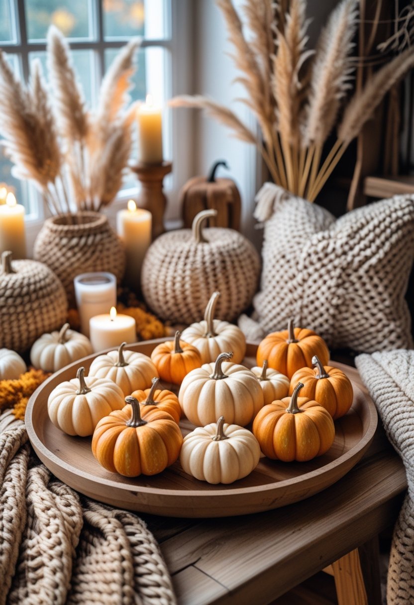 A cozy indoor scene with a wooden table decorated with small pumpkins, woven baskets, knitted throws, and dried grasses illuminated by warm natural light.