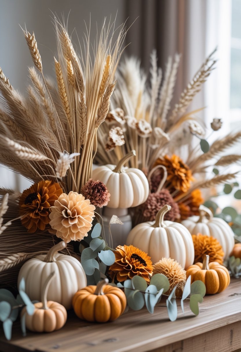 A rustic wooden table decorated with dried flowers, mini pumpkins, and natural autumn accents.