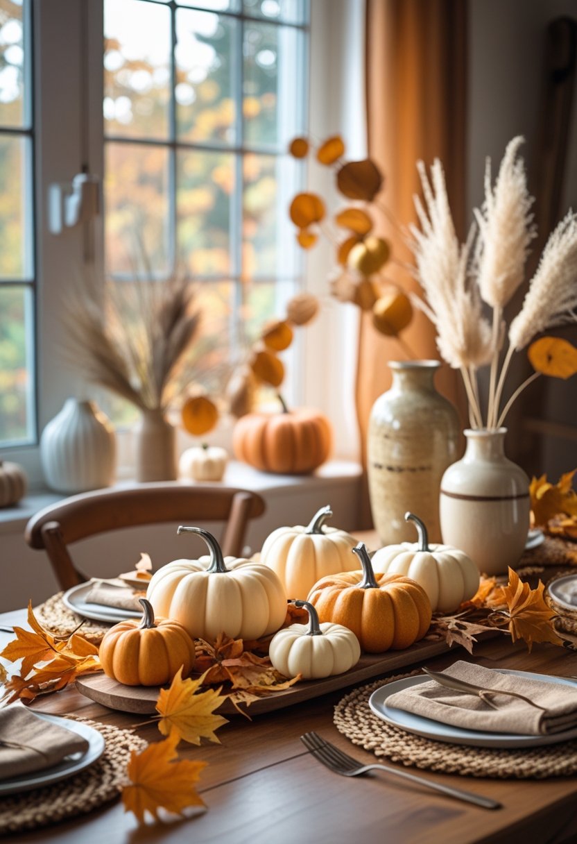 A wooden table decorated with mini pumpkins, dried grasses, and autumn leaves in warm natural light.