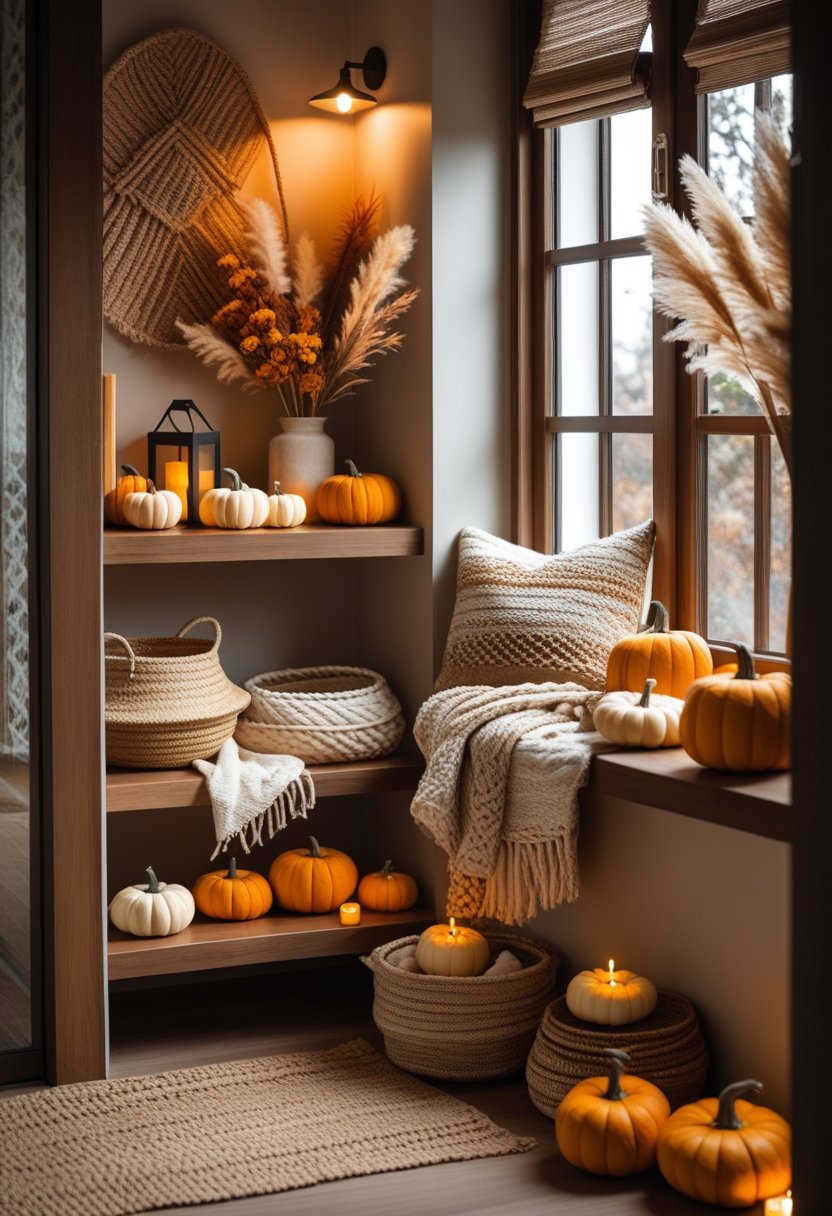 A cozy home entryway and nook decorated with mini pumpkins, woven baskets, and warm autumnal accents.