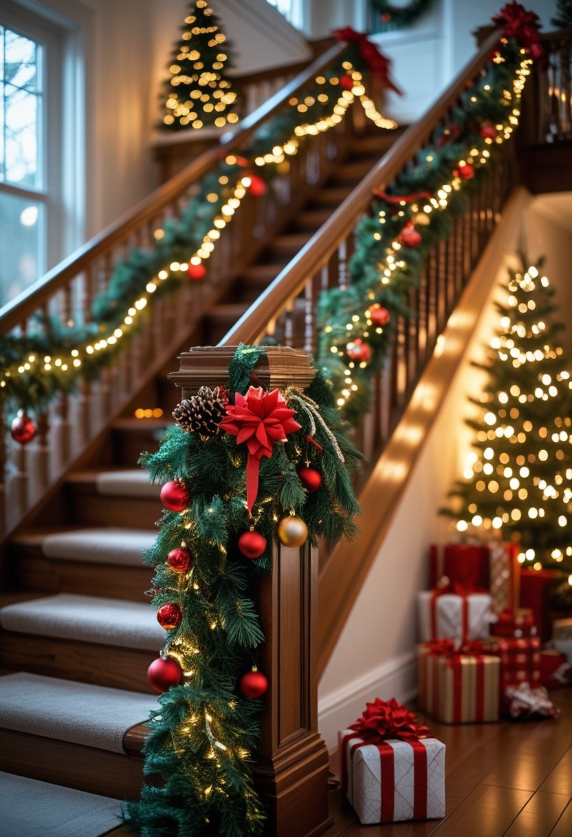 Indoor staircase decorated with green garlands, fairy lights, and Christmas ornaments.