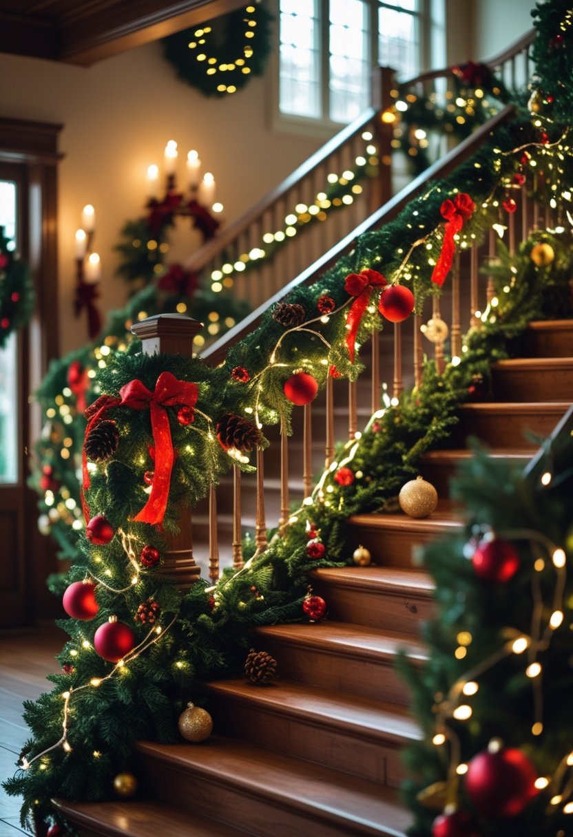 Indoor staircase decorated with green garlands, twinkling lights, and Christmas ornaments.