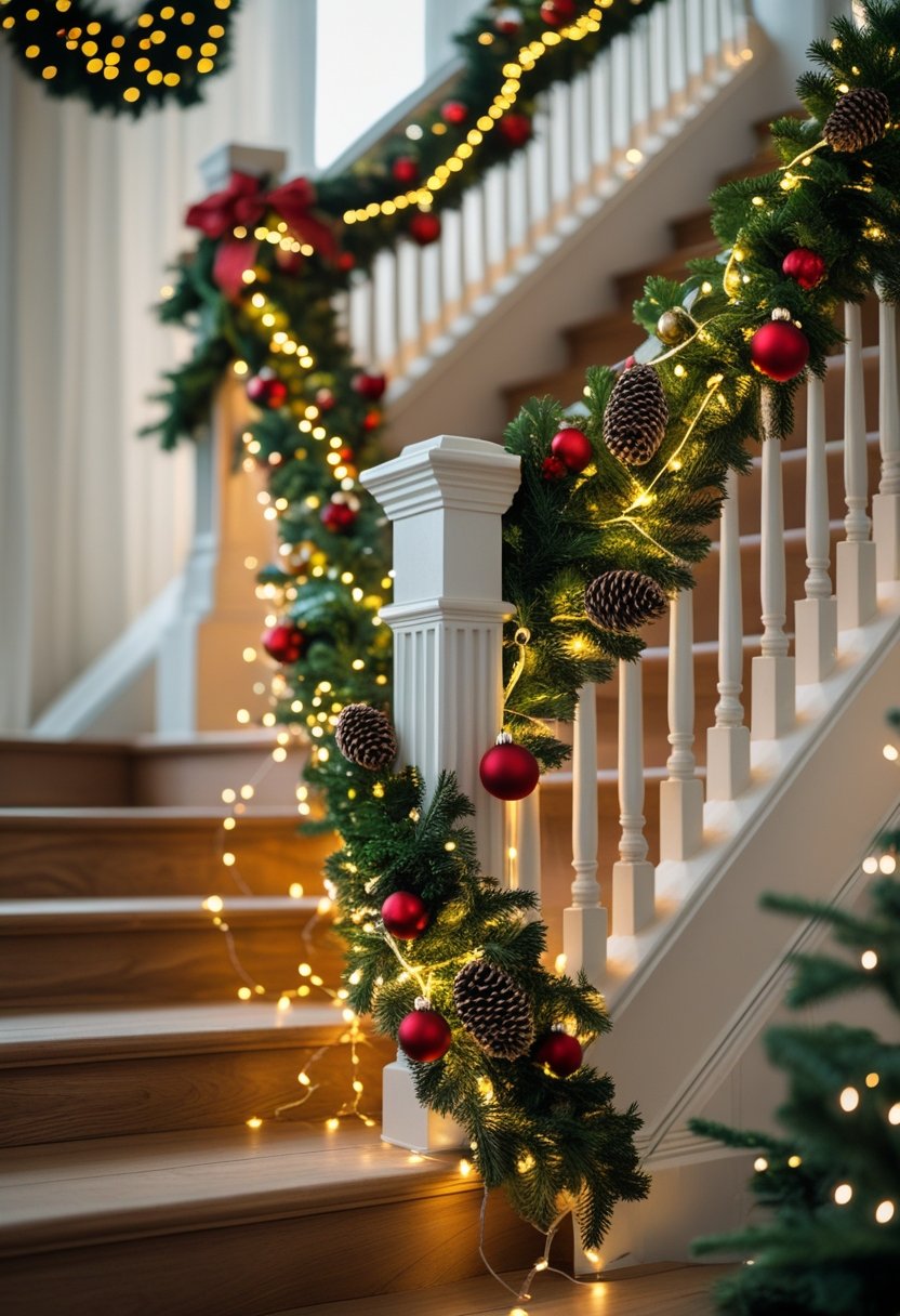 A staircase decorated with green garlands, fairy lights, and Christmas ornaments.