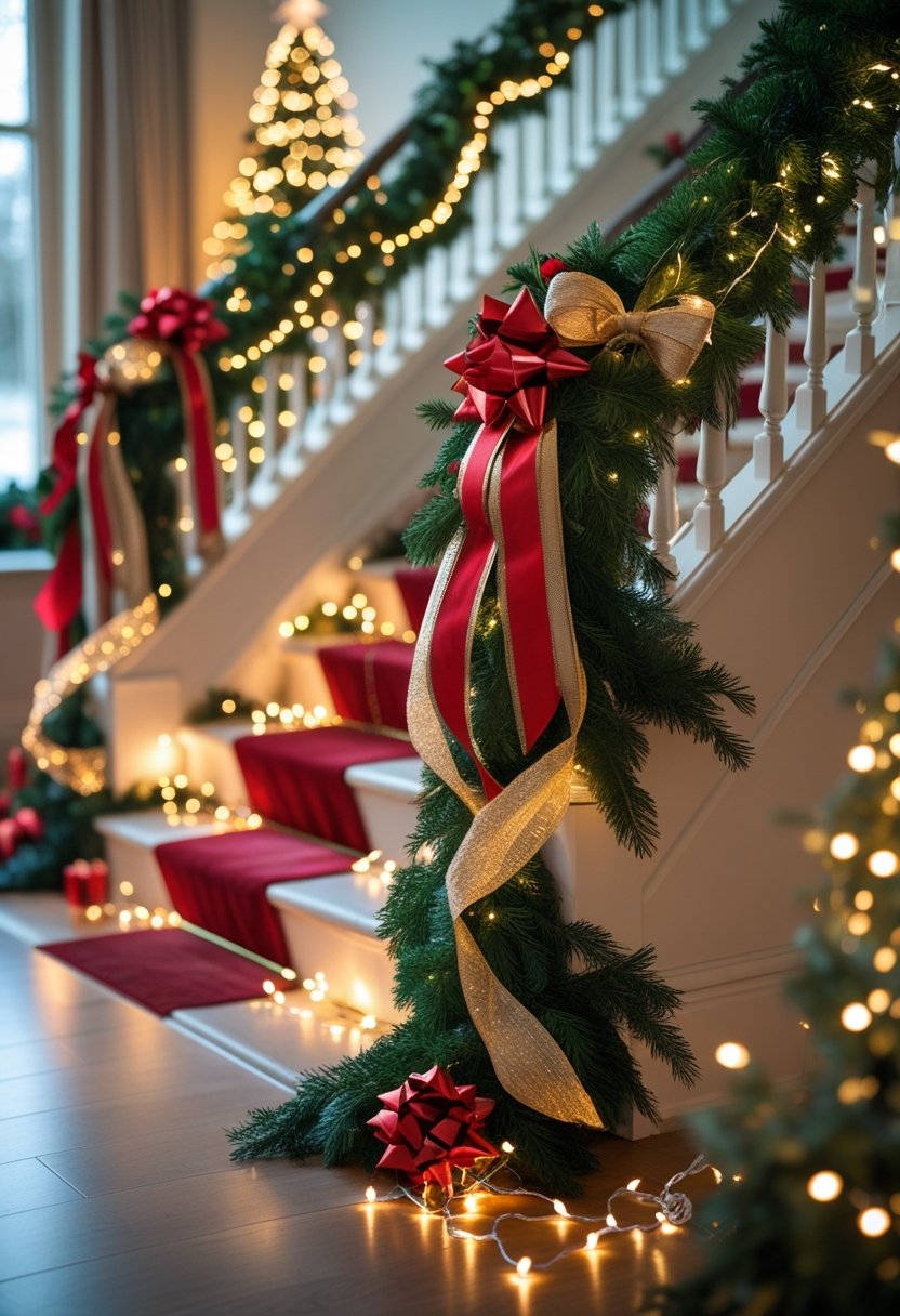Indoor staircase decorated with green garlands, red and gold ribbons, and twinkling white lights for Christmas.