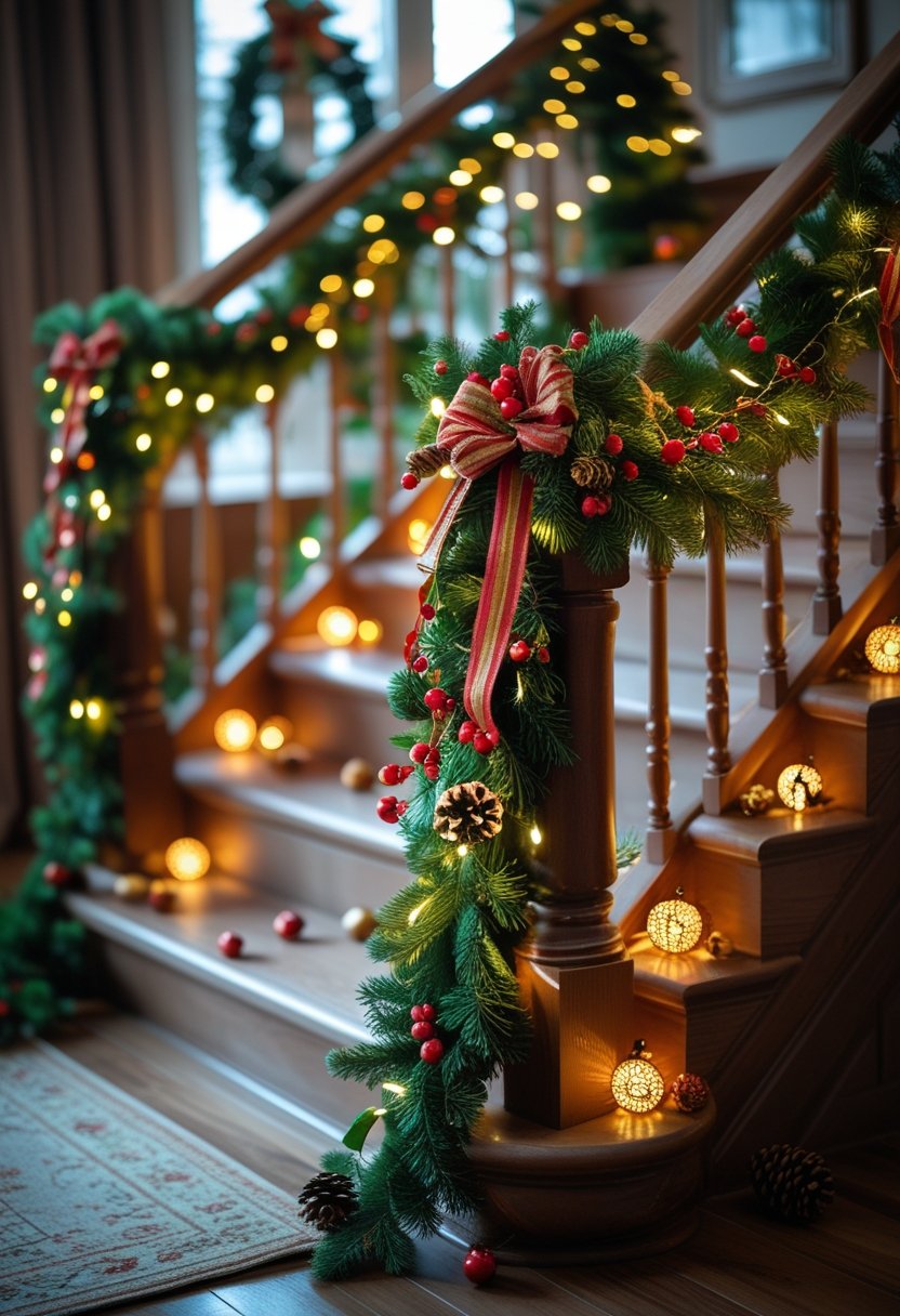 A decorated Christmas staircase with green garlands, twinkling lights, and natural holiday ornaments.