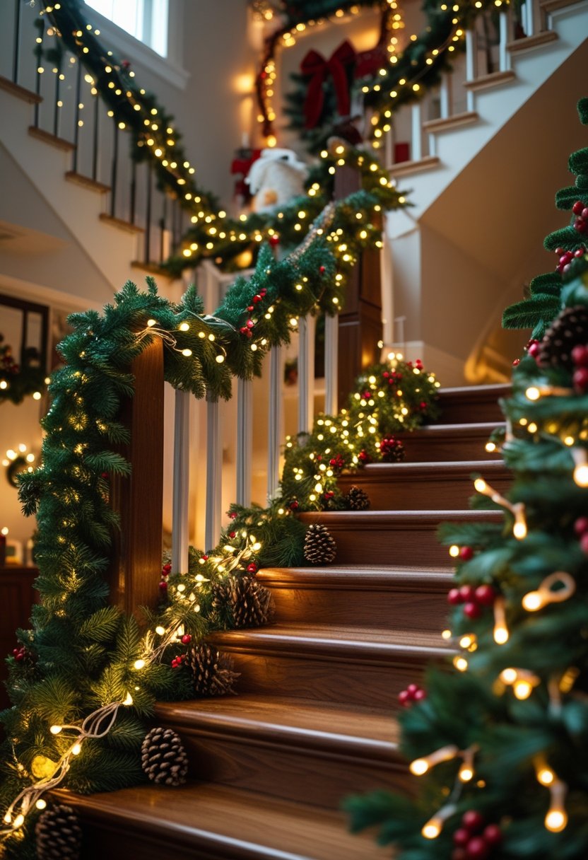 A staircase decorated with green garlands and twinkling lights, creating a warm and festive holiday scene.
