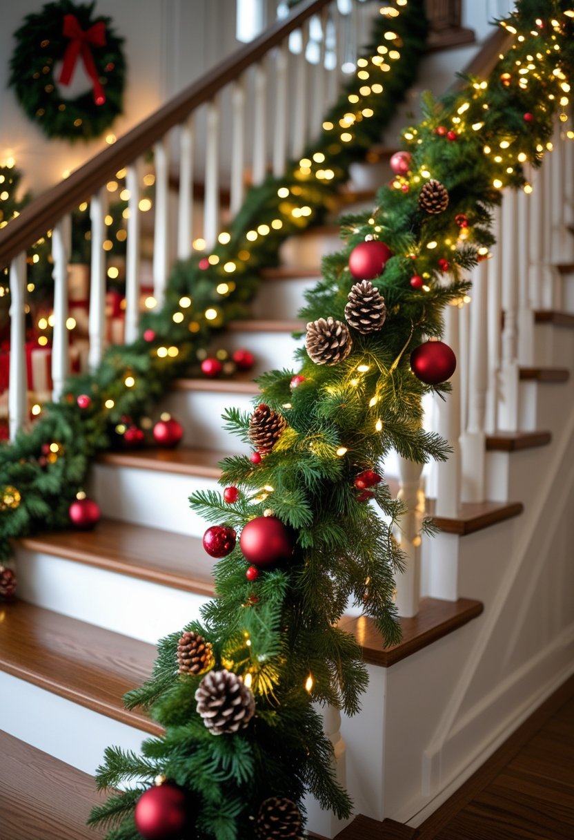 A Christmas staircase decorated with green garlands, fairy lights, and red and gold ornaments.