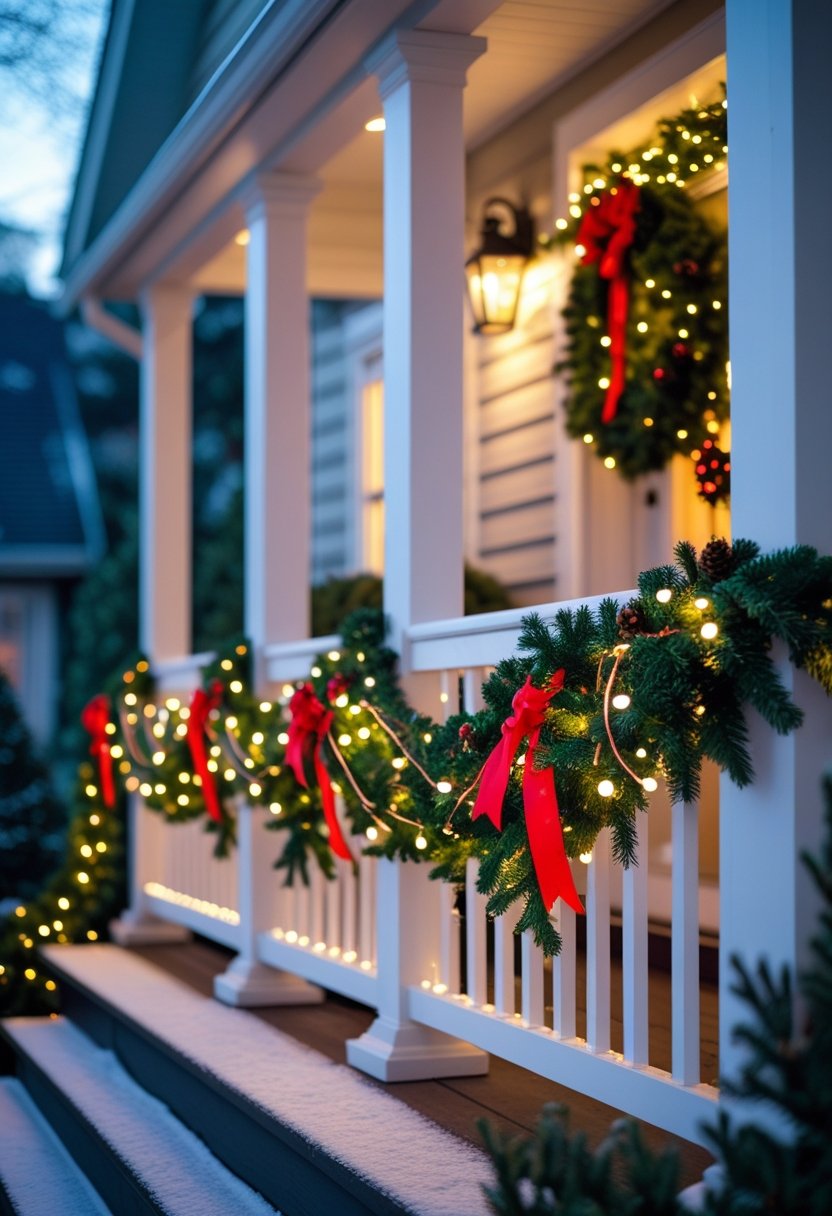 A porch with Christmas decorations including green garlands, red ribbons, and fairy lights wrapped around the railings.
