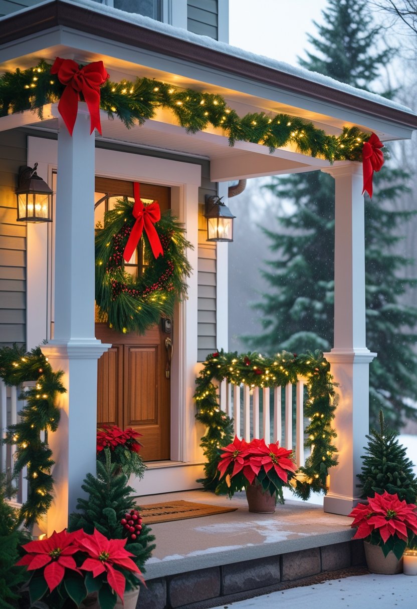 A front porch decorated with garlands, red ribbons, lights, poinsettias, and a wreath, set in a snowy winter scene.