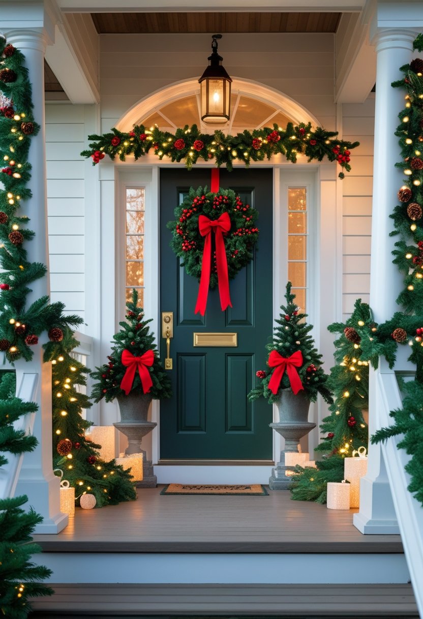 Front door and porch decorated with Christmas garlands, wreaths, and lights.