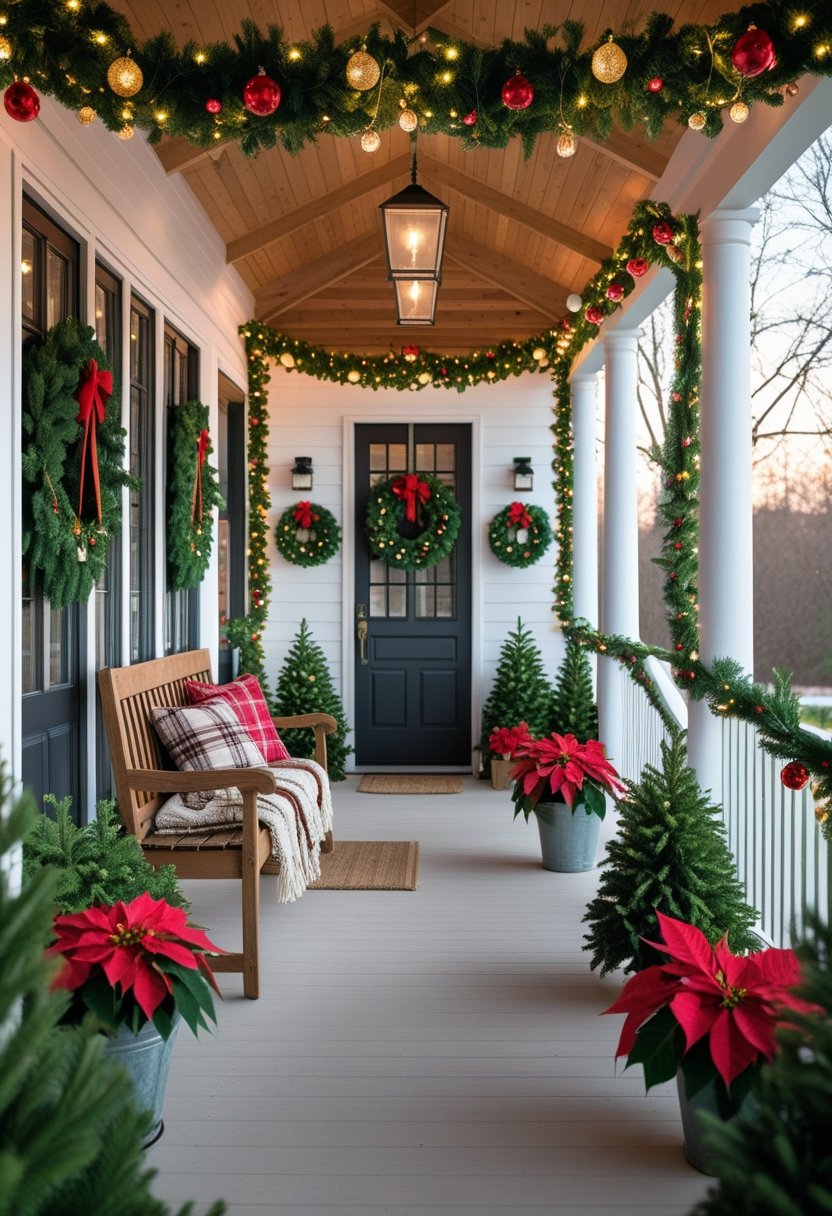 A farmhouse porch decorated with Christmas garlands, lights, wreaths, and festive plants during the daytime.
