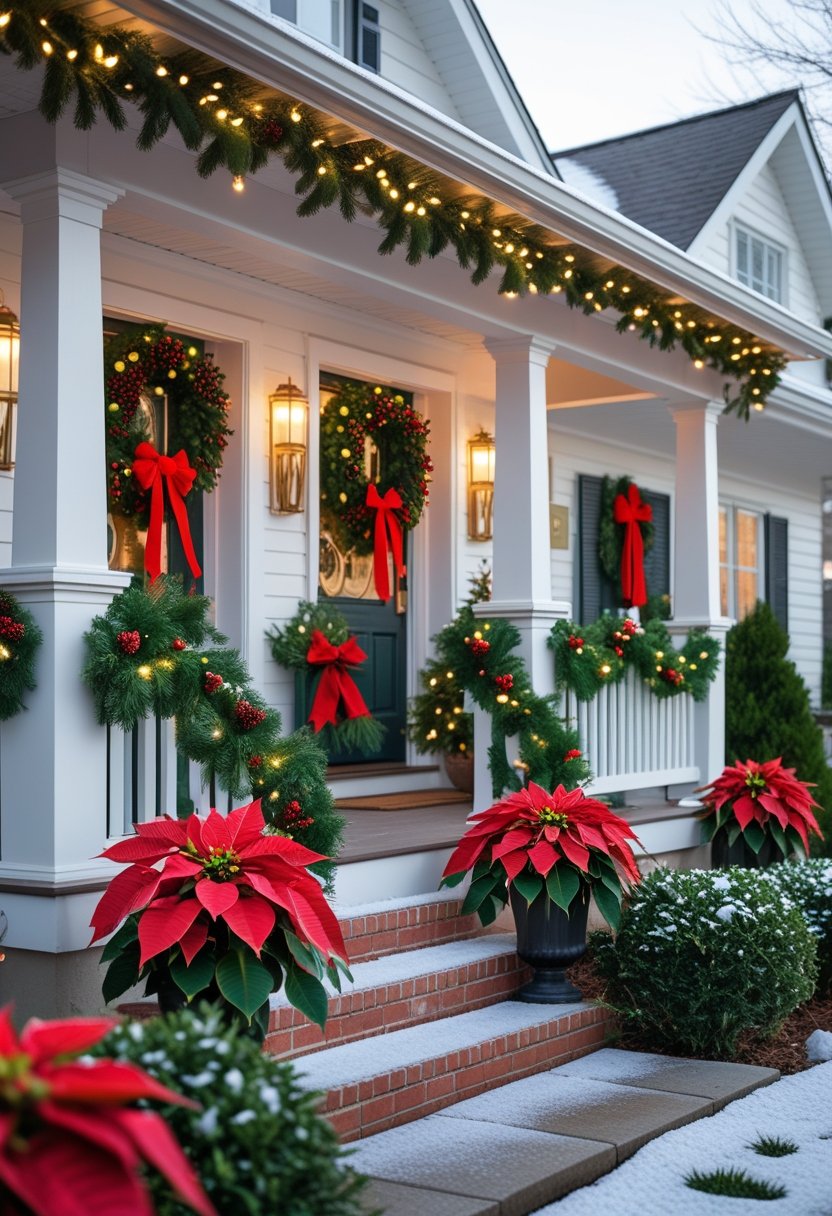 A house porch decorated with Christmas garlands, wreaths, poinsettias, and lights, with a light dusting of snow.