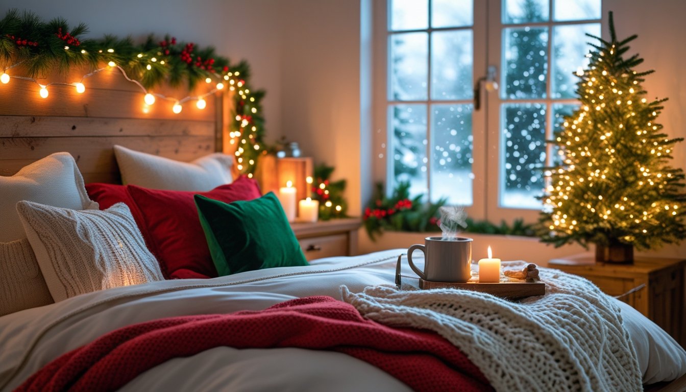 A cozy bedroom decorated for Christmas with a bed, Christmas tree, fairy lights, and winter decorations.