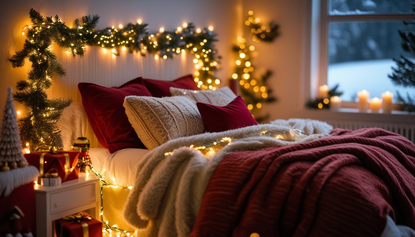 A cozy bedroom decorated for Christmas with warm fairy lights, plush bedding, and festive decorations creating a peaceful winter atmosphere.