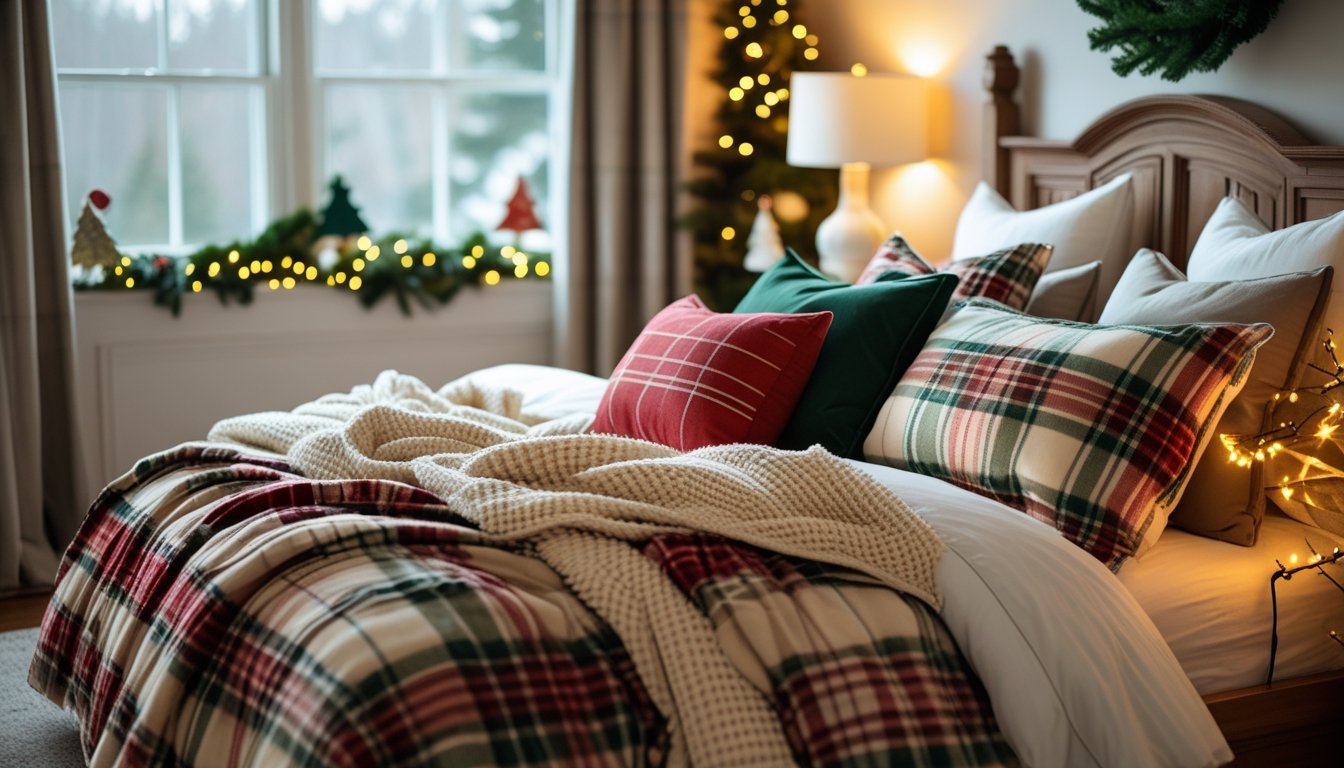 A bedroom with plaid bedding and holiday decorations creating a warm and cozy winter atmosphere.