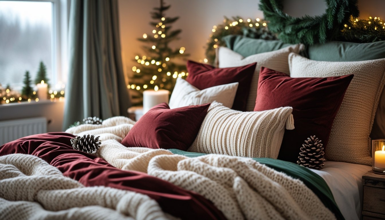 A cozy bedroom with plush pillows, soft throws, warm lighting, and subtle Christmas decorations creating a peaceful winter atmosphere.