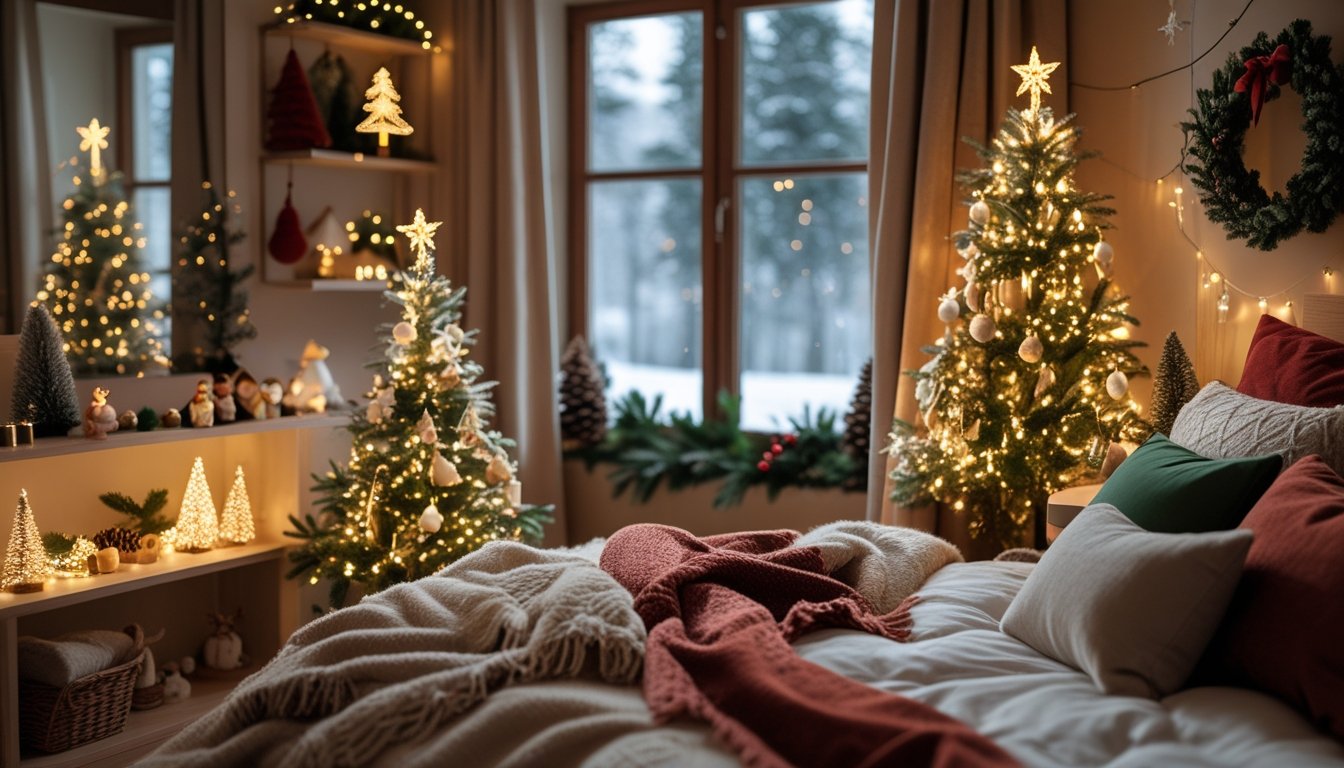 A cozy bedroom decorated with mini Christmas trees, ornaments, and festive accents, creating a warm winter retreat.