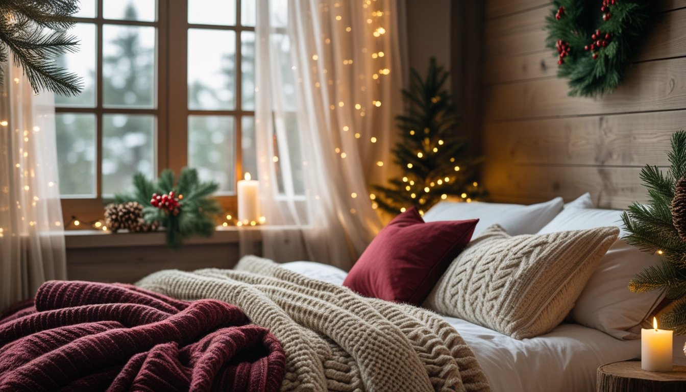 A cozy bedroom with a large window, rustic wooden walls, a bed with warm blankets and pillows, and Christmas decorations including fairy lights, pine branches, and candles.