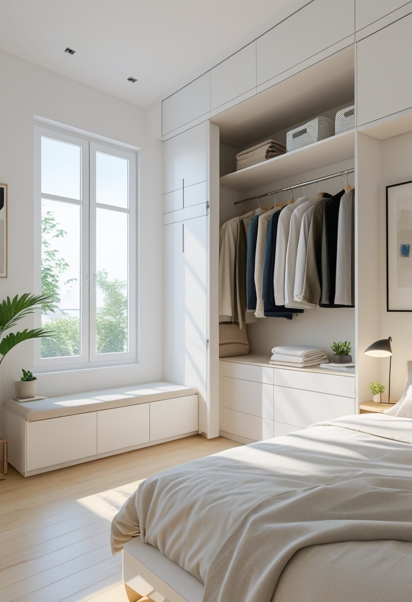 Small bedroom with a built-in closet, a bed, a bedside table, and natural light coming through a window.