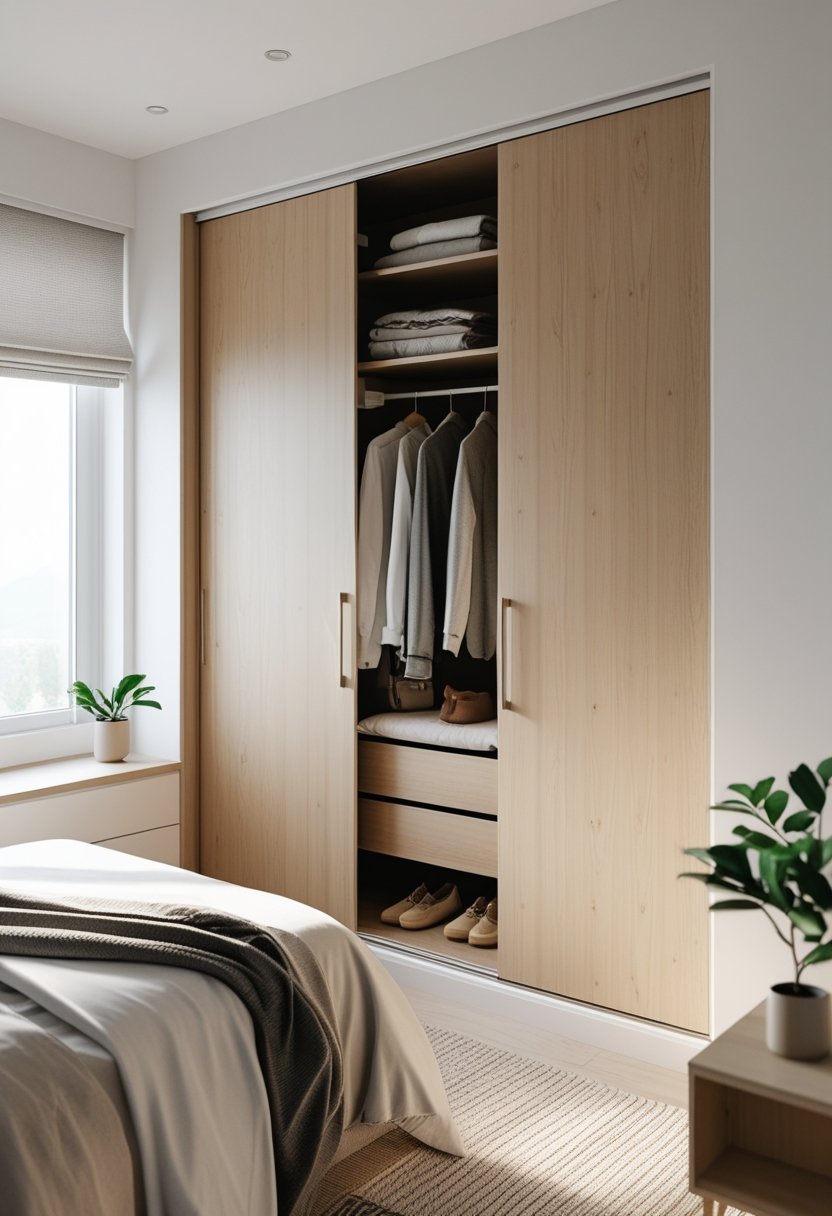 A small bedroom with a built-in closet, a bed, and natural light coming through a window.