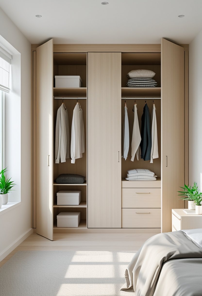 Small bedroom with a built-in wardrobe featuring organized shelves and hanging clothes, a bed, and natural light coming through a window.