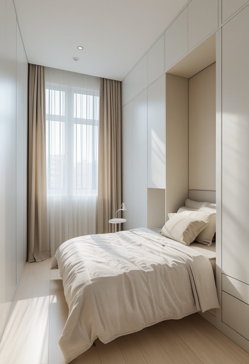 A small bedroom with a neatly made bed, built-in closet, and natural light coming through a window.