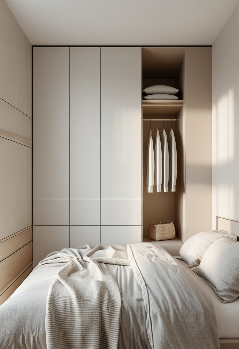 A small bedroom with a built-in closet, a neatly made bed, and soft natural lighting.
