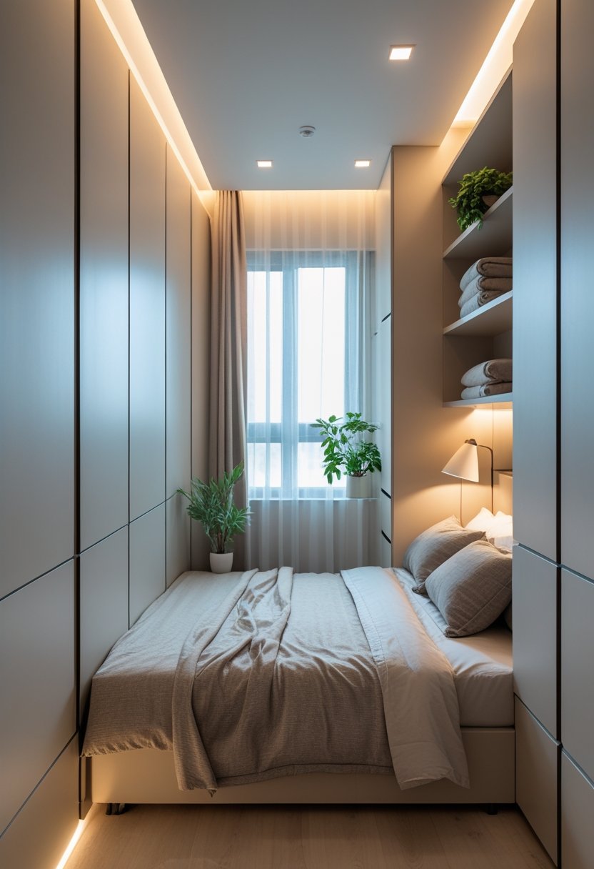 A small bedroom with built-in closets, a neatly made bed, soft ambient lighting, and a window with sheer curtains.