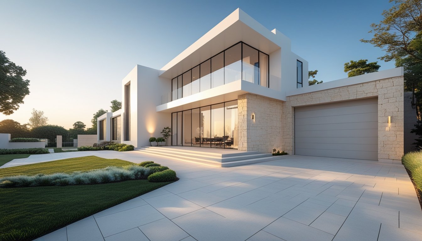 Exterior view of a modern luxury house with large windows, stone and white walls, and a landscaped garden under a clear sky.