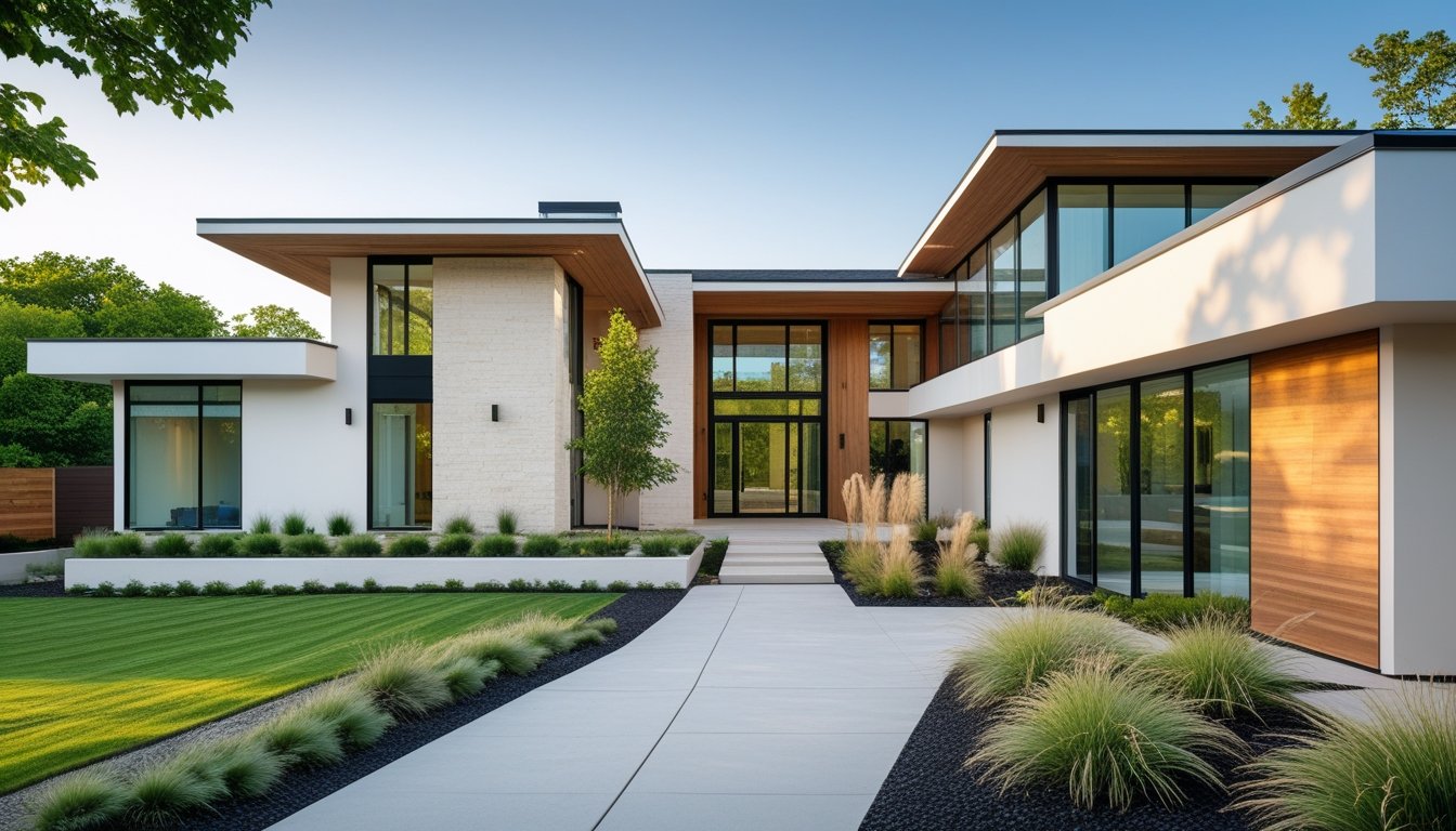 A modern luxury house exterior with large glass windows, a flat roof, and a landscaped front yard under a clear blue sky.