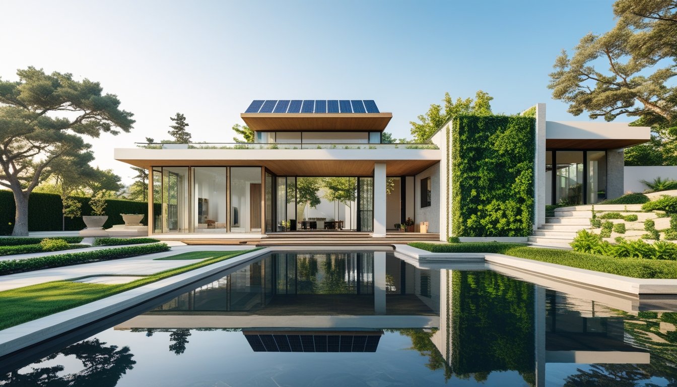 A modern luxury house surrounded by trees and greenery with large glass windows and sustainable features like solar panels and green walls.