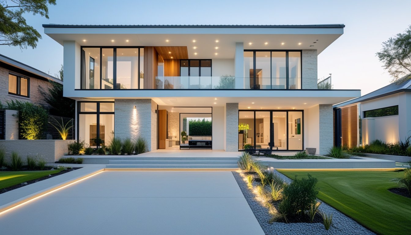 Exterior view of a modern luxury house with large windows, a garden, and a driveway under daylight.