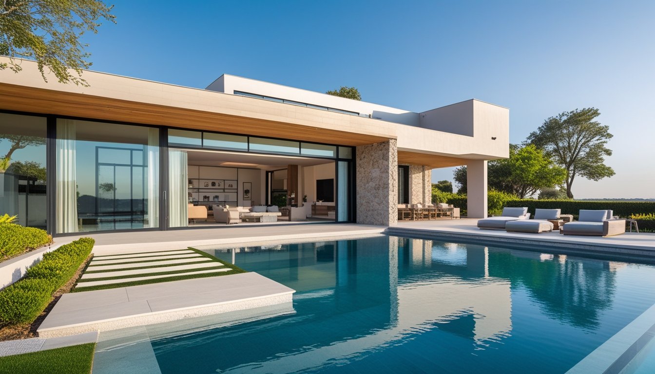 Exterior view of a modern luxury villa with a patio, infinity pool, and landscaped garden under clear daylight.