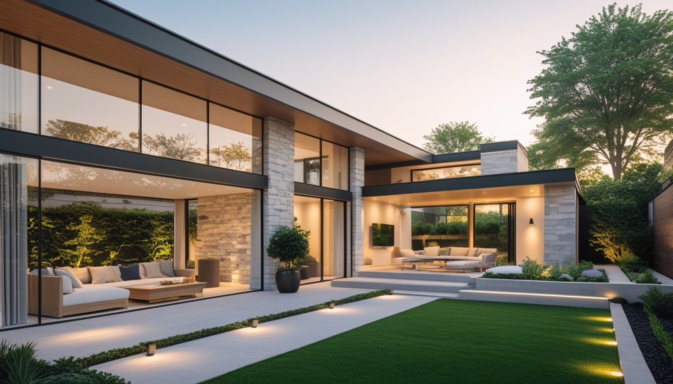 A modern luxury house exterior with large windows, surrounded by a green garden and outdoor seating.