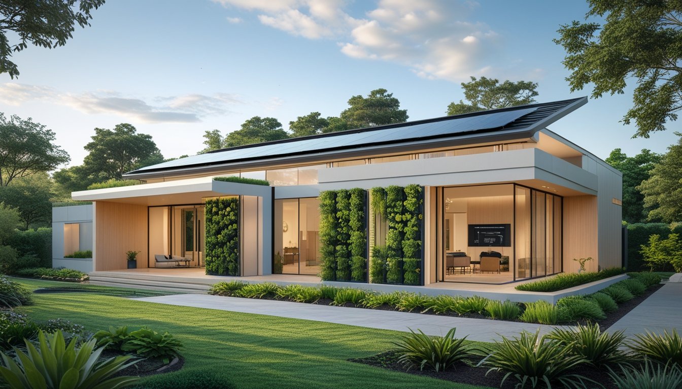 Exterior view of a modern luxury house with large windows, solar panels on the roof, and green landscaping.