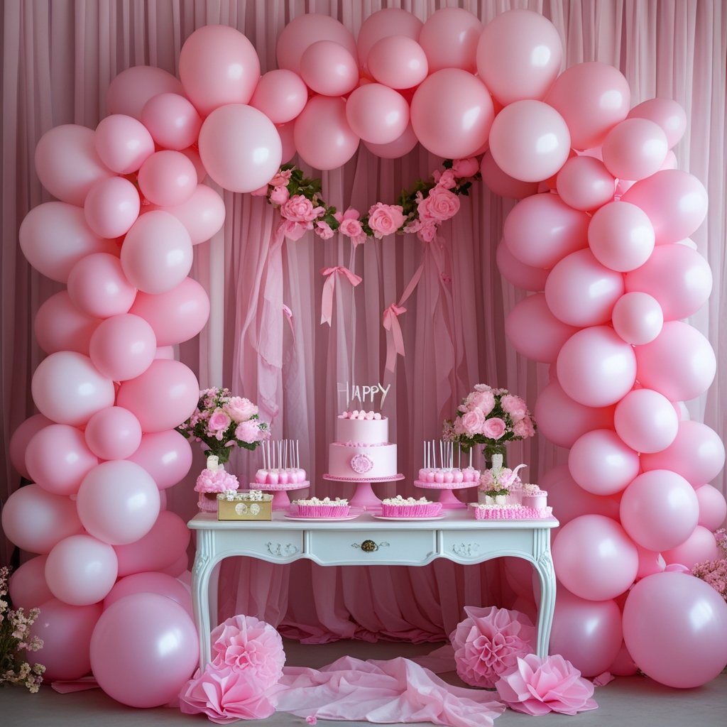 A pink-themed birthday celebration setup with balloon arches and a decorated table.