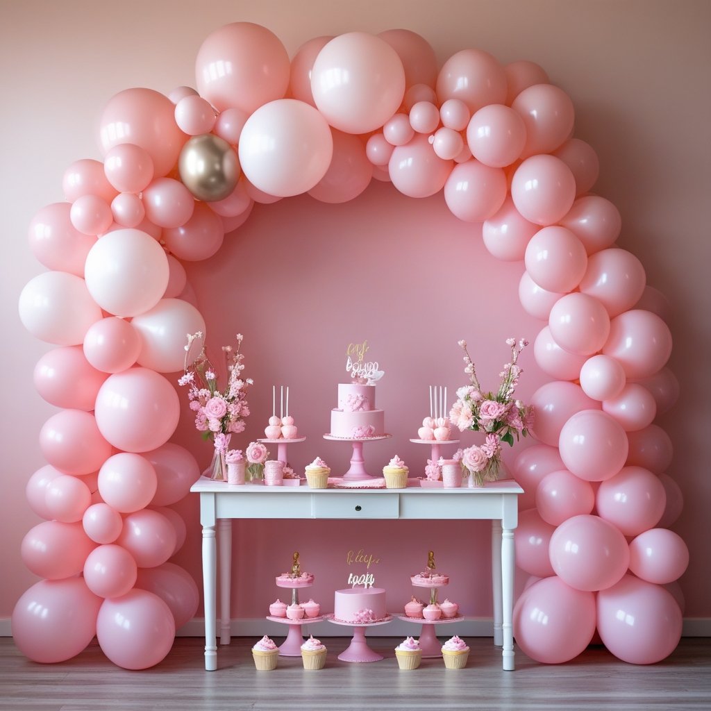 A pink birthday setup with a balloon arch and decorated table featuring cupcakes and flowers.