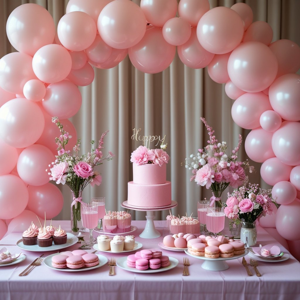 A birthday celebration setup with pink balloon arches and a table decorated with pink food and drinks.