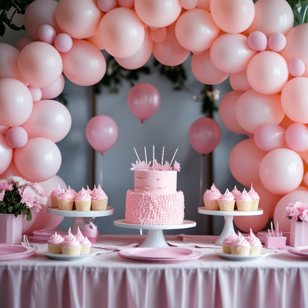 A pink-themed birthday celebration setup with balloon arches, a decorated table, cake, and floral arrangements.